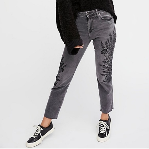 Free People Grey Embroidered Girlfriend Jeans - Picture 11 of 11